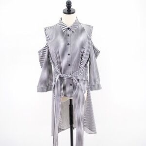 New York & Company XL Black White Striped Cold Shoulder High Low Dress